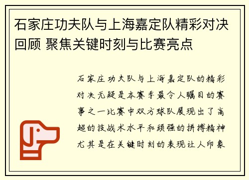 石家庄功夫队与上海嘉定队精彩对决回顾 聚焦关键时刻与比赛亮点