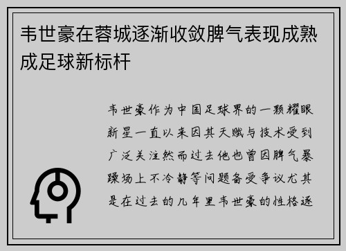 韦世豪在蓉城逐渐收敛脾气表现成熟成足球新标杆